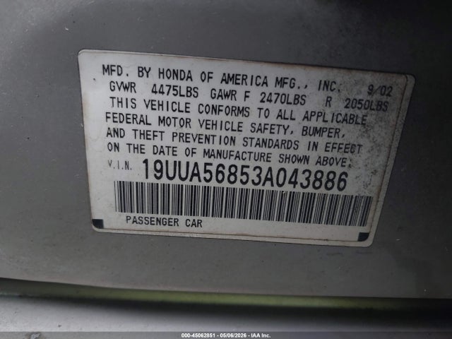 45062851 :رقم المزاد ، 19UUA56853A043886 vin ، 2003 Acura Tl 3.2 Type S مزاد بيع