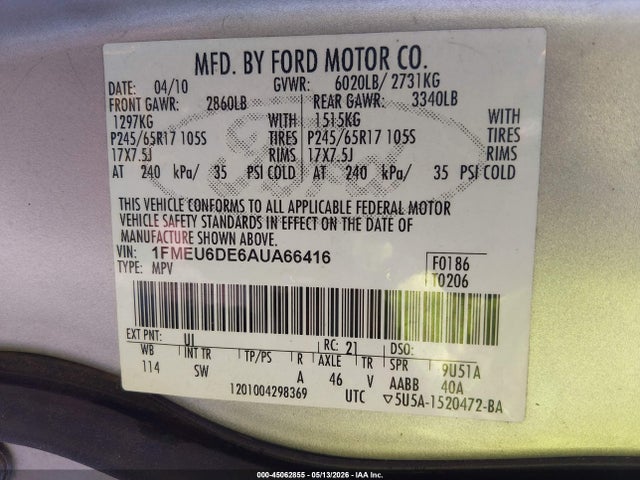 Aukcja sprzedaży 2010 Ford Explorer Xlt, vin: 1FMEU6DE6AUA66416, numer aukcji: 45062855