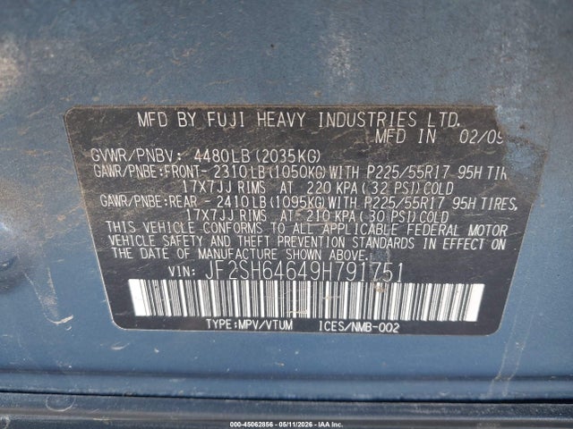 Продажа на аукционе авто 2009 Subaru Forester 2.5x Limited, vin: JF2SH64649H791751, номер лота: 45062856