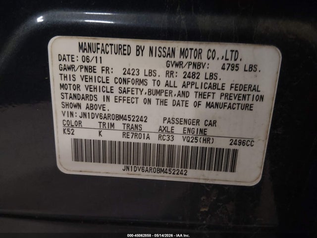 45062858 :رقم المزاد ، JN1DV6AR0BM452242 vin ، 2011 Infiniti G25x مزاد بيع