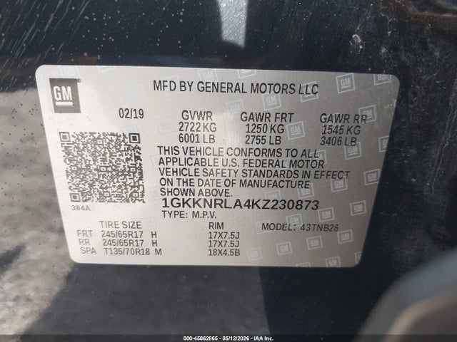 45062865 :رقم المزاد ، 1GKKNRLA4KZ230873 vin ، 2019 Gmc Acadia Sle-1 مزاد بيع