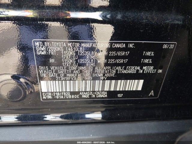 45062883 :رقم المزاد ، 2T3H1RFV3LC071489 vin ، 2020 Toyota Rav4 Le مزاد بيع