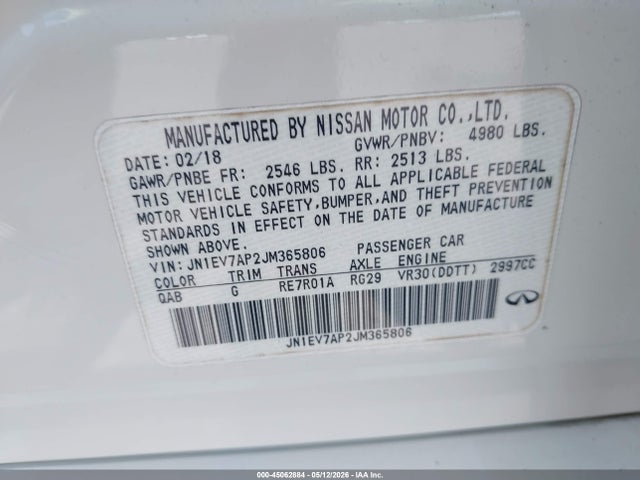 Aukcja sprzedaży 2018 Infiniti Q50 3.0t Luxe, vin: JN1EV7AP2JM365806, numer aukcji: 45062884