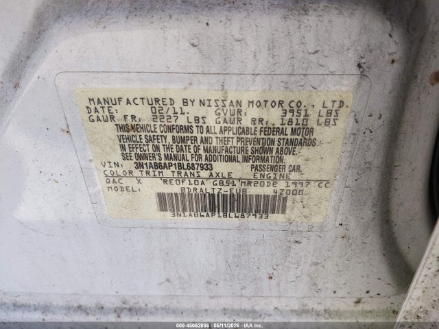 Продажа на аукционе авто 2011 Nissan Sentra 2.0s, vin: 3N1AB6AP1BL687933, номер лота: 45062886