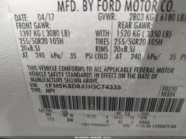 Aukcja sprzedaży 2017 Ford Explorer Xlt, vin: 1FM5K8D8XHGC74335, numer aukcji: 45062895