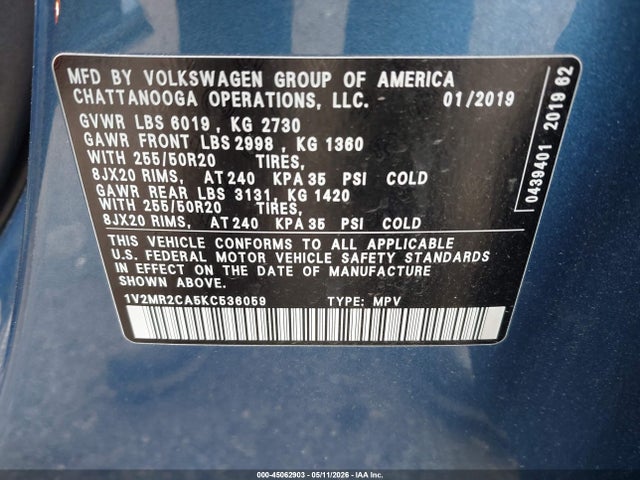 Продажа на аукционе авто 2019 Volkswagen Atlas 3.6l V6 Sel, vin: 1V2MR2CA5KC536059, номер лота: 45062903