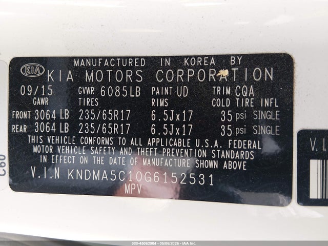 Продажа на аукционе авто 2016 Kia Sedona L, vin: KNDMA5C10G6152531, номер лота: 45062904