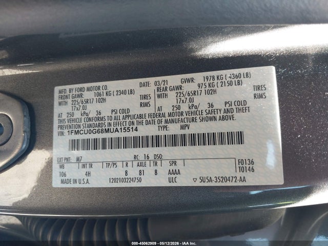 2021 Ford Escape Se მანქანა იყიდება აუქციონზე, vin: 1FMCU0G68MUA15514, აუქციონის ნომერი: 45062909
