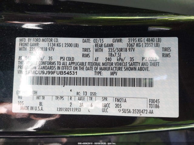 45062910 :رقم المزاد ، 1FMCU9J99FUB54531 vin ، 2015 Ford Escape Titanium مزاد بيع