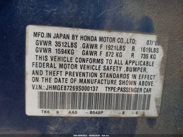 45062923 :رقم المزاد ، JHMGE87269S000137 vin ، 2009 Honda Fit مزاد بيع