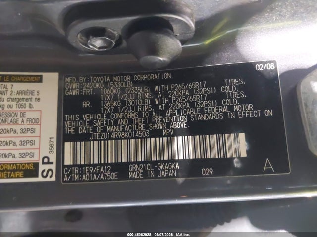 45062928 :رقم المزاد ، JTEZU14R98K014503 vin ، 2008 Toyota 4runner Sport V6 مزاد بيع