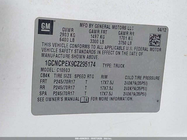 Продаж на аукціоні авто 2012 Chevrolet Silverado 1500 Work Truck, vin: 1GCNCPEX9CZ295174, номер лоту: 45062933