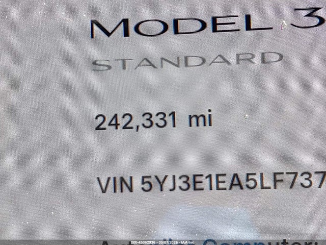 2020 Tesla Model 3 Standard Range Plus Rear-wheel Drive/standard Range Rear-wheel Drive მანქანა იყიდება აუქციონზე, vin: 5YJ3E1EA5LF737402, აუქციონის ნომერი: 45062936