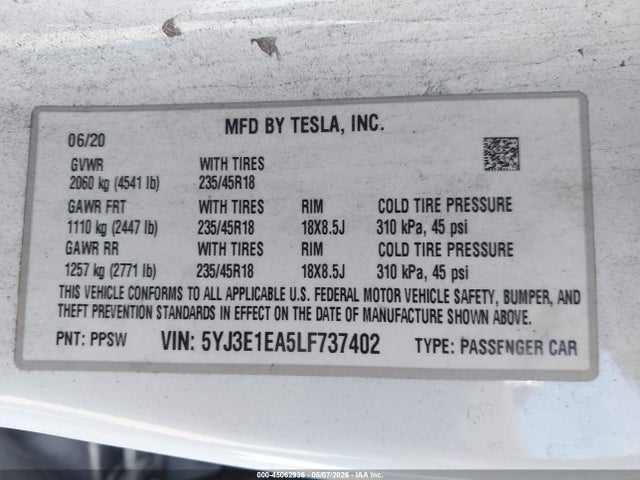 2020 Tesla Model 3 Standard Range Plus Rear-wheel Drive/standard Range Rear-wheel Drive მანქანა იყიდება აუქციონზე, vin: 5YJ3E1EA5LF737402, აუქციონის ნომერი: 45062936
