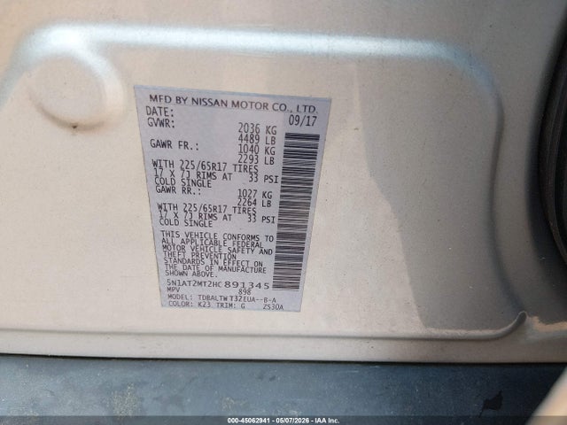2017 Nissan Rogue Sv მანქანა იყიდება აუქციონზე, vin: 5N1AT2MT2HC891345, აუქციონის ნომერი: 45062941