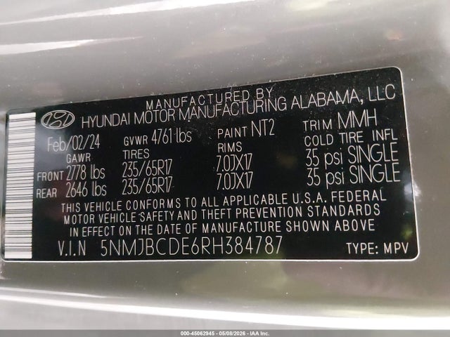 45062945 :رقم المزاد ، 5NMJBCDE6RH384787 vin ، 2024 Hyundai Tucson Sel مزاد بيع