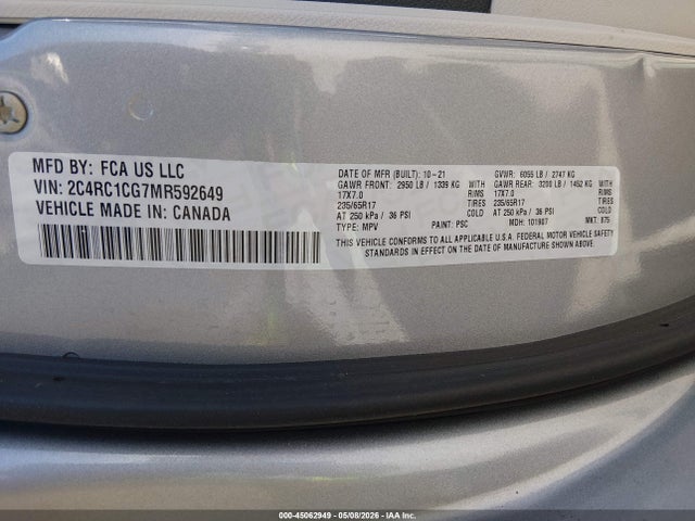 45062949 :رقم المزاد ، 2C4RC1CG7MR592649 vin ، 2021 Chrysler Voyager Lx مزاد بيع