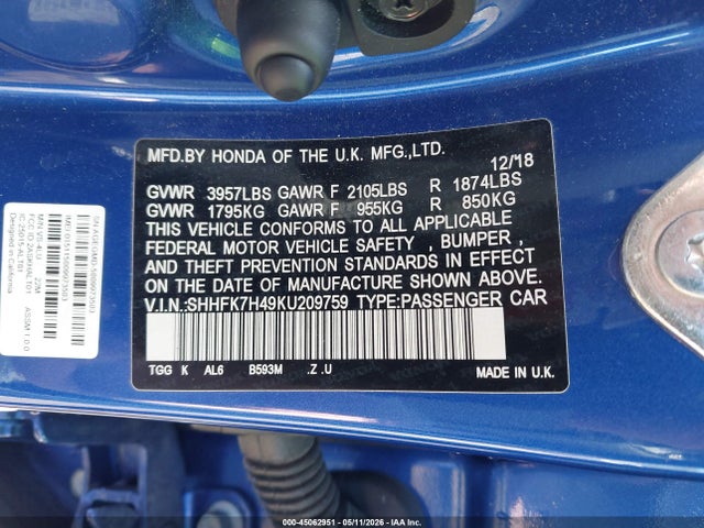 Продаж на аукціоні авто 2019 Honda Civic Sport, vin: SHHFK7H49KU209759, номер лоту: 45062951