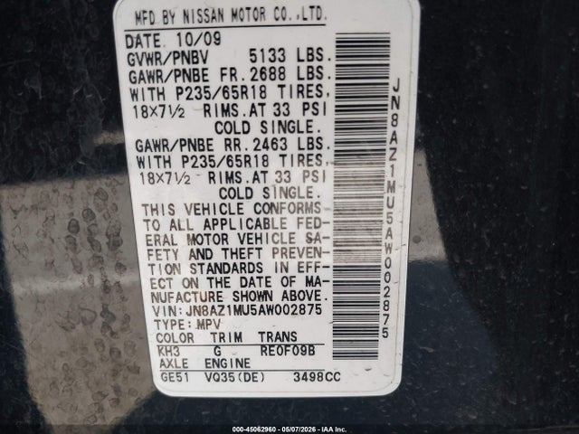 Aukcja sprzedaży 2010 Nissan Murano S, vin: JN8AZ1MU5AW002875, numer aukcji: 45062960