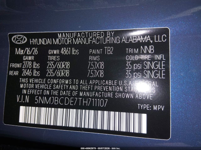 Продаж на аукціоні авто 2026 Hyundai Tucson Sel, vin: 5NMJBCDE7TH711107, номер лоту: 45062979