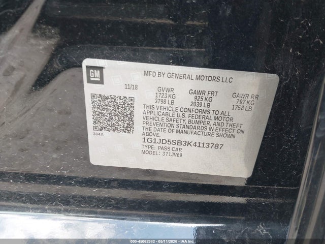 Продаж на аукціоні авто 2019 Chevrolet Sonic Lt Auto, vin: 1G1JD5SB3K4113787, номер лоту: 45062982