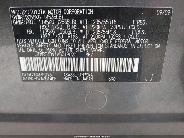 2010 Toyota Rav4 Sport მანქანა იყიდება აუქციონზე, vin: JTMRF4DV1A5019020, აუქციონის ნომერი: 45062998