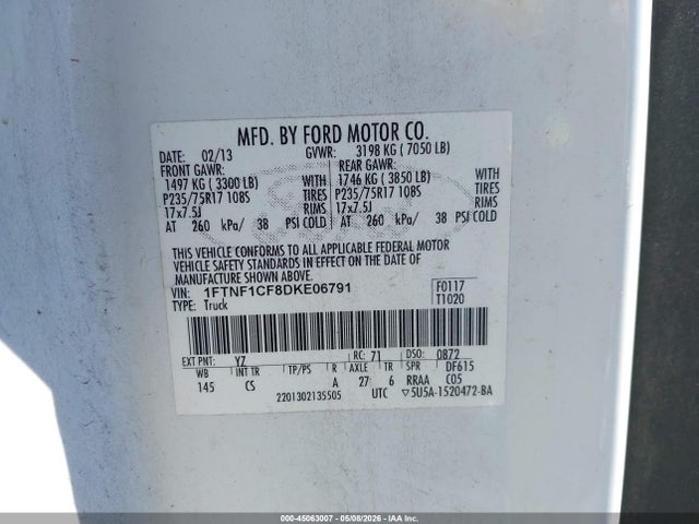 2013 Ford F-150 Xl მანქანა იყიდება აუქციონზე, vin: 1FTNF1CF8DKE06791, აუქციონის ნომერი: 45063007
