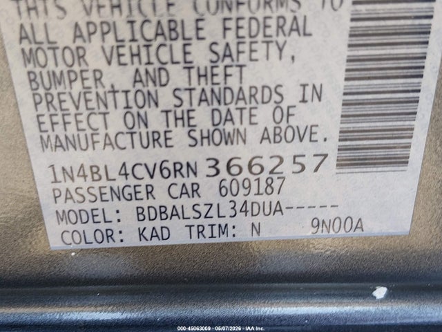 1N4BL4CV6RN366257 Nissan Altima Sr Fwd