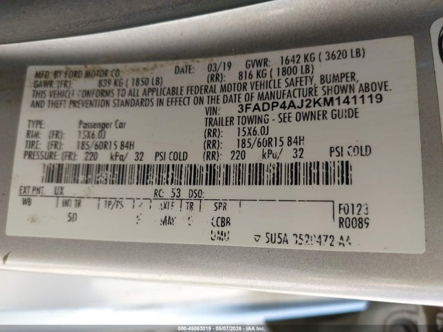 Продаж на аукціоні авто 2019 Ford Fiesta S, vin: 3FADP4AJ2KM141119, номер лоту: 45063019