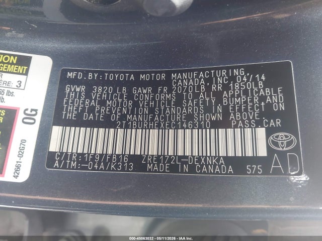 Aukcja sprzedaży 2014 Toyota Corolla Le, vin: 2T1BURHEXEC146310, numer aukcji: 45063032
