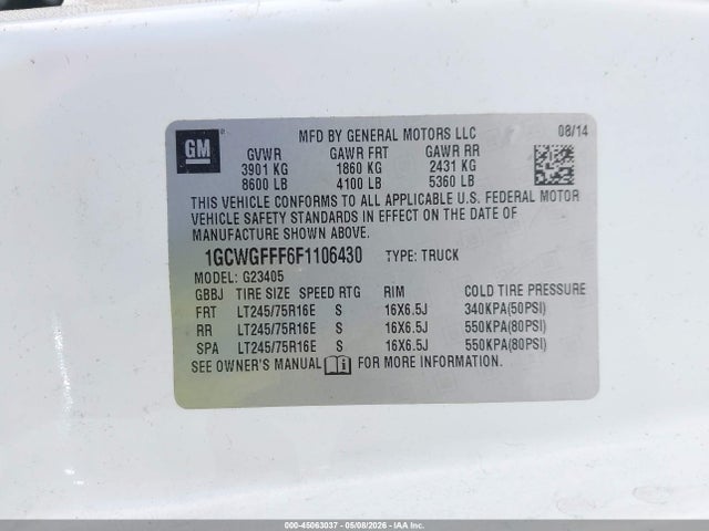 45063037 :رقم المزاد ، 1GCWGFFF6F1106430 vin ، 2015 Chevrolet Express 2500 Work Van مزاد بيع