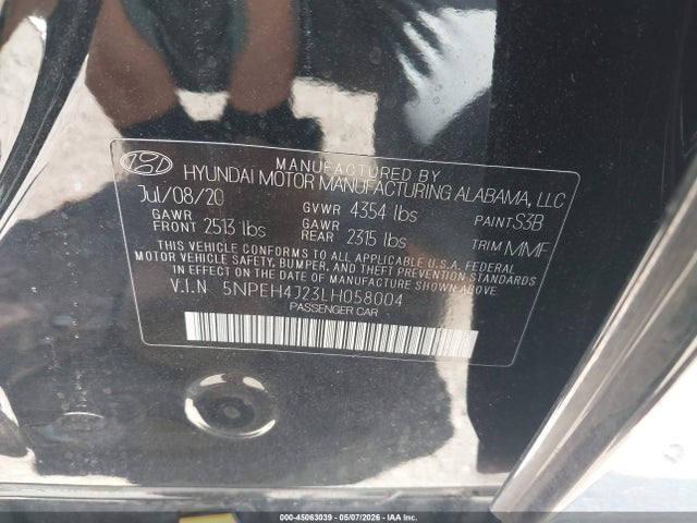 Auction sale of the 2020 Hyundai Sonata Limited, vin: 5NPEH4J23LH058004, lot number: 45063039