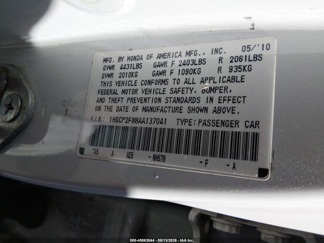 45063044 :رقم المزاد ، 1HGCP2F88AA137041 vin ، 2010 Honda Accord 2.4 Ex-l مزاد بيع