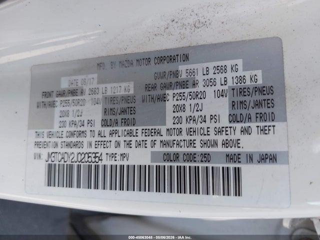 2018 Mazda Cx-9 Grand Touring მანქანა იყიდება აუქციონზე, vin: JM3TCADY2J0205354, აუქციონის ნომერი: 45063048