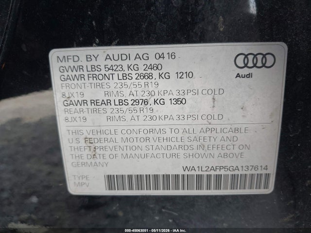 45063051 :رقم المزاد ، WA1L2AFP5GA137614 vin ، 2016 Audi Q5 2.0t Premium مزاد بيع