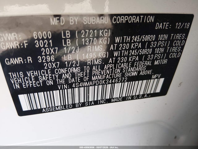 2019 Subaru Ascent Limited მანქანა იყიდება აუქციონზე, vin: 4S4WMAPD0K3446272, აუქციონის ნომერი: 45063056