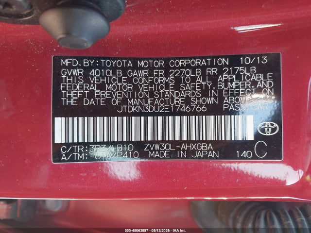 45063057 :رقم المزاد ، JTDKN3DU2E1746766 vin ، 2014 Toyota Prius Four مزاد بيع