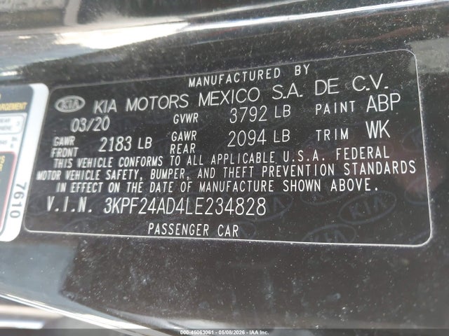 Aukcja sprzedaży 2020 Kia Forte Lxs, vin: 3KPF24AD4LE234828, numer aukcji: 45063061