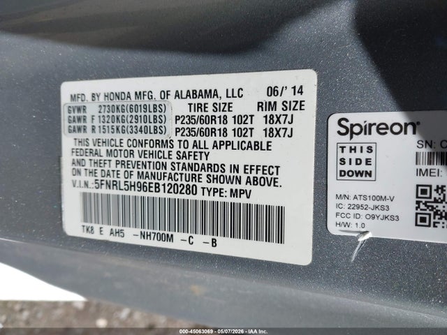 Продаж на аукціоні авто 2014 Honda Odyssey Touring/touring Elite, vin: 5FNRL5H96EB120280, номер лоту: 45063069