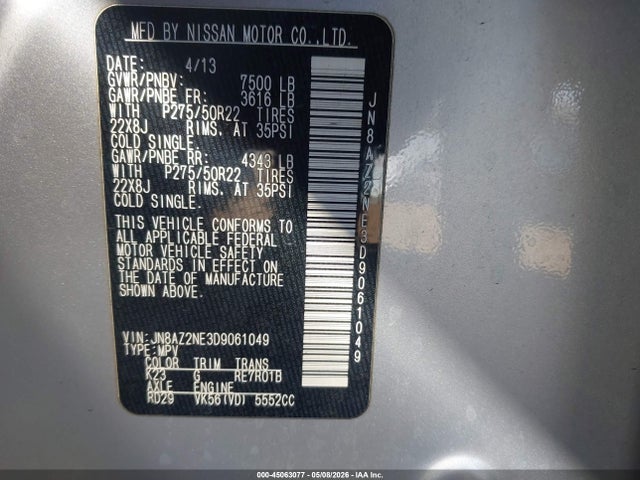 45063077 :رقم المزاد ، JN8AZ2NE3D9061049 vin ، 2013 Infiniti Qx56 مزاد بيع