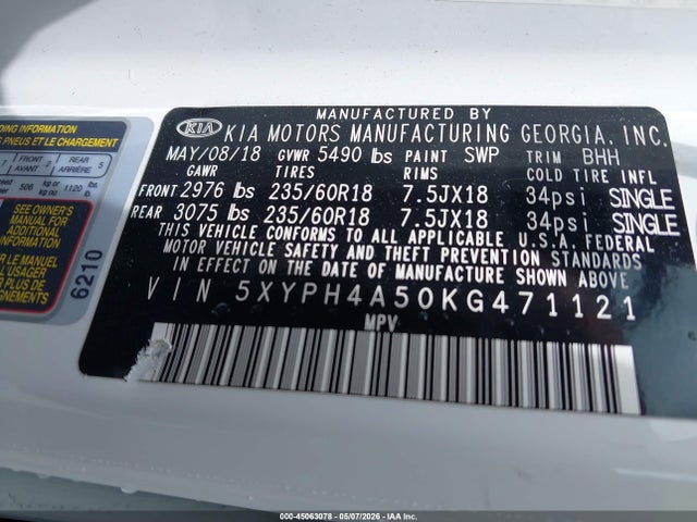 Aukcja sprzedaży 2019 Kia Sorento 3.3l Ex, vin: 5XYPH4A50KG471121, numer aukcji: 45063078