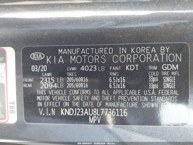 Продажа на аукционе авто 2020 Kia Soul Lx, vin: KNDJ23AU8L7736116, номер лота: 45063081