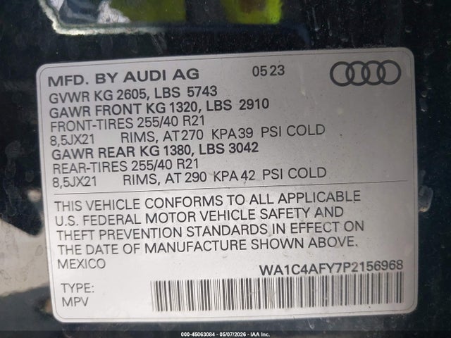 Продаж на аукціоні авто 2023 Audi Sq5 Prestige Tfsi Quattro Tiptronic, vin: WA1C4AFY7P2156968, номер лоту: 45063084