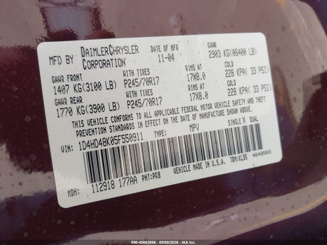 Aukcja sprzedaży 2005 Dodge Durango Slt, vin: 1D4HD48K05F550911, numer aukcji: 45063086