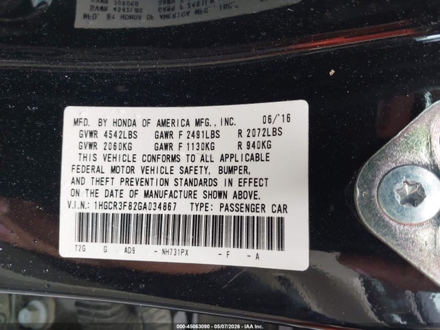 Aukcja sprzedaży 2016 Honda Accord Ex-l V-6, vin: 1HGCR3F82GA034867, numer aukcji: 45063090