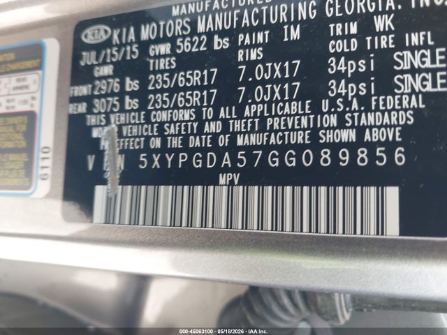 5XYPGDA57GG089856 KIA Sorento 3.3l Lx
