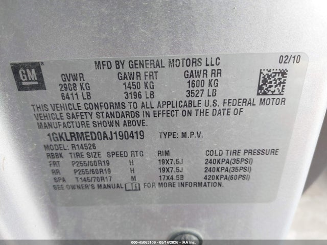 Продажа на аукционе авто 2010 Gmc Acadia Slt-1, vin: 1GKLRMED0AJ190419, номер лота: 45063109