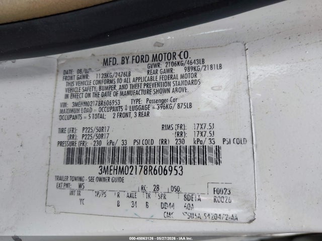 2008 Mercury Milan V6 Premier მანქანა იყიდება აუქციონზე, vin: 3MEHM02178R606953, აუქციონის ნომერი: 45063126