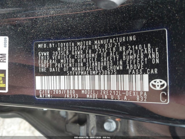 45063128 :رقم المزاد ، 5YFVPMAEXMP230675 vin ، 2021 Toyota Corolla Le مزاد بيع