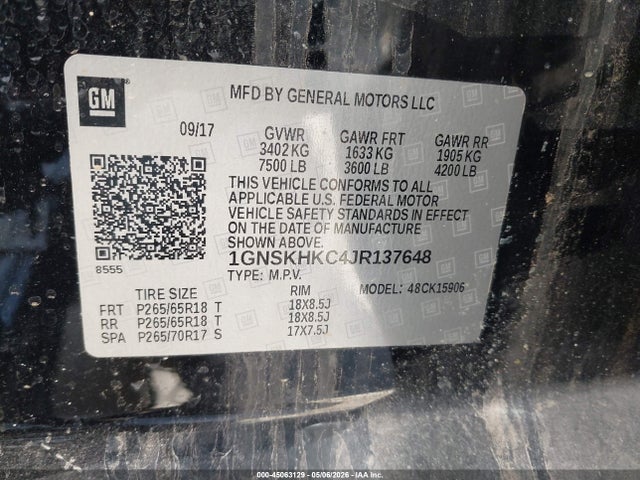 Продаж на аукціоні авто 2018 Chevrolet Suburban Lt, vin: 1GNSKHKC4JR137648, номер лоту: 45063129